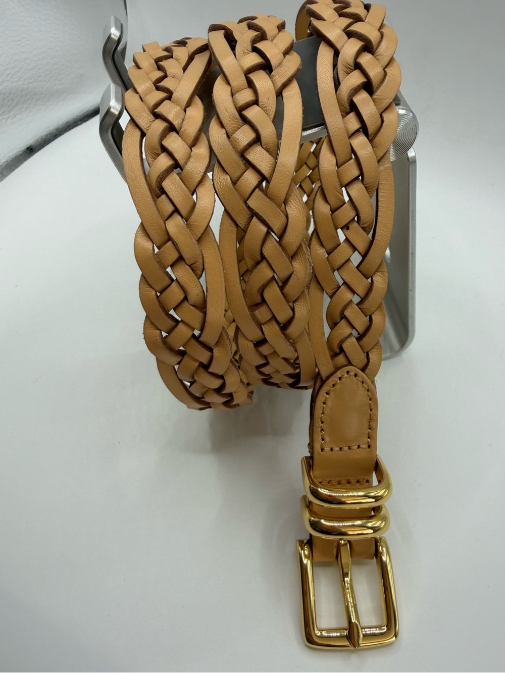 J. Crew Braided Tan Italian Leather Belt with Gold Buckle